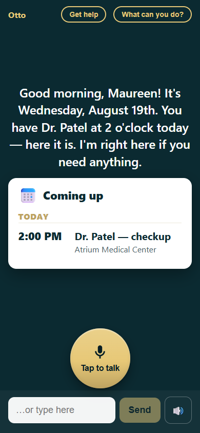 Otto's parent screen greeting Maureen good morning, with a Coming up card showing Dr. Patel at 2:00 PM and a large gold Tap to talk button