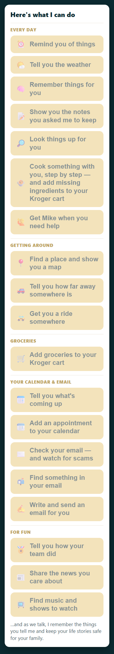 The full 'Here's what I can do' card: nineteen tappable gold rows grouped under Every day, Getting around, Groceries, Your calendar and email, and For fun — the last one reads Find music and shows to watch