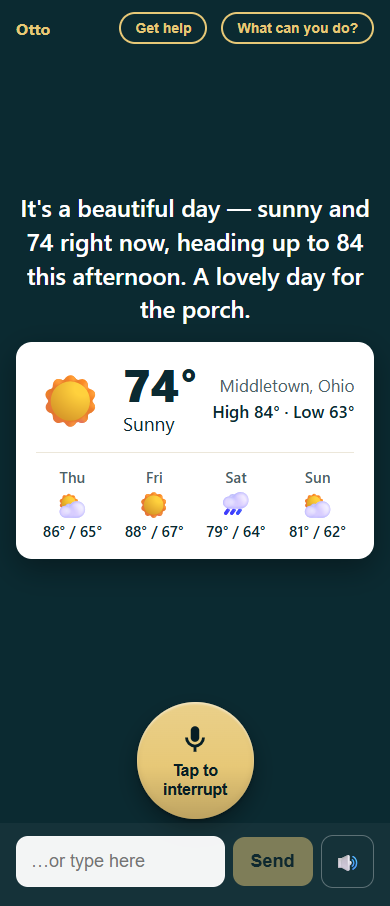 Weather card for Middletown, Ohio: sunny, 74 degrees, high 84 low 63, with a four-day forecast