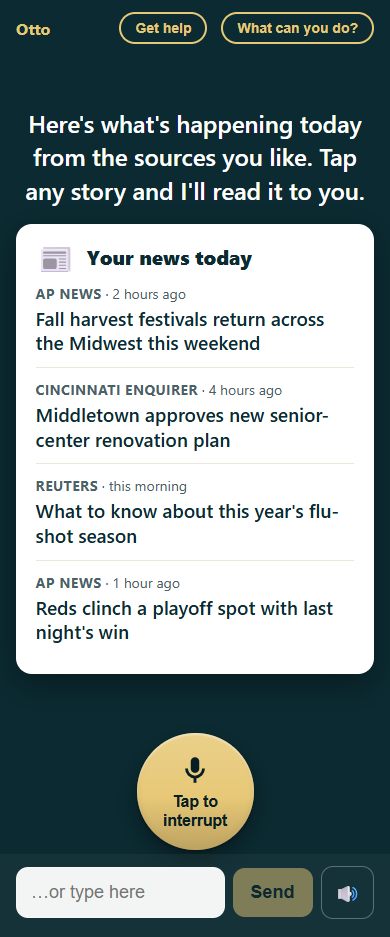 News card with four fresh stories from AP News, Cincinnati Enquirer, and Reuters, each stamped with how recent it is