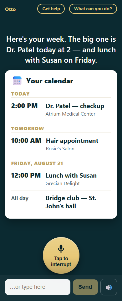 Calendar card grouped by day: Dr. Patel today at 2, hair appointment tomorrow, lunch with Susan and bridge club on Friday