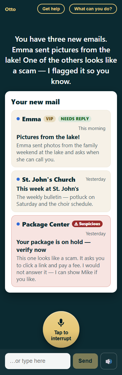 Email card: message from Emma marked VIP and Needs reply, the church bulletin, and a suspicious package message flagged with a red Suspicious badge
