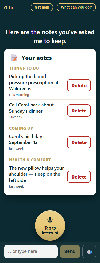 Notes card grouped into Things to do, Coming up, and Health and comfort, each note stamped with when it was said