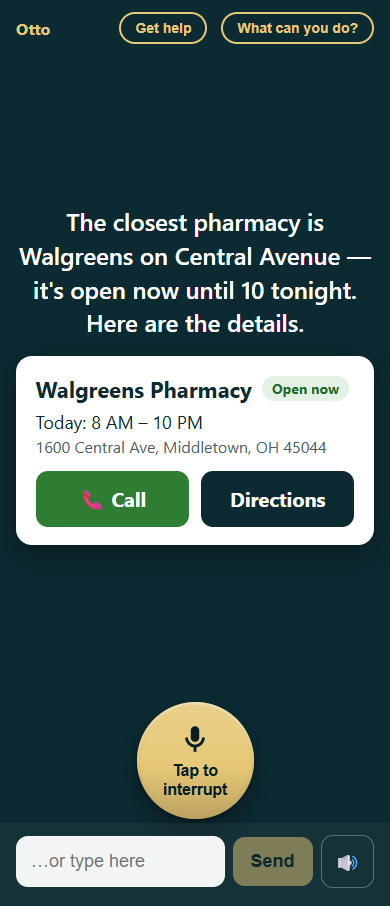 Place card for Walgreens Pharmacy on Central Avenue: address, phone, open now until 10 PM