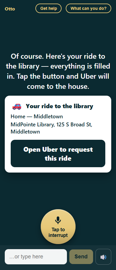 Ride card from home to MidPointe Library with a large Open Uber to request this ride button