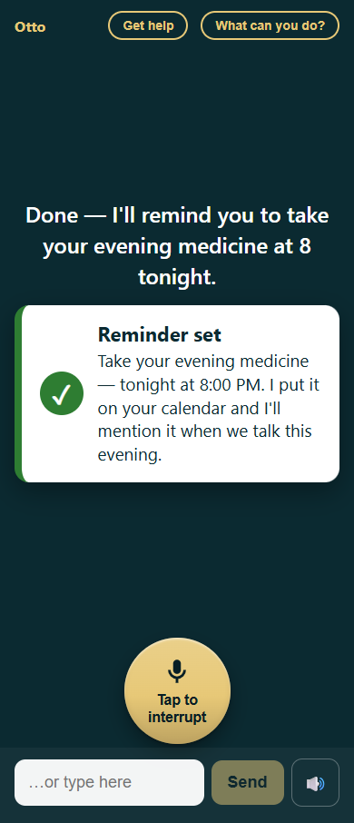 Reminder confirmation card: evening medicine tonight at 8, added to the calendar