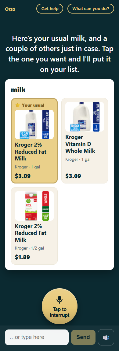Grocery choice card for milk: 'Your usual' Kroger 2% gallon starred and pinned first with photo and price, plus whole milk and a half gallon