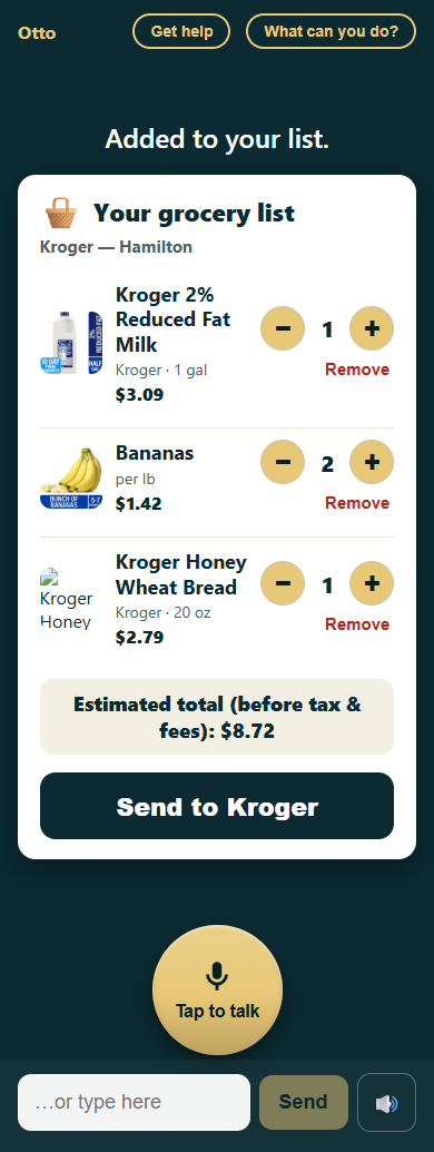 Grocery list review card: milk, bananas, and bread with quantity controls, an estimated total of $8.72, and a Send to Kroger button