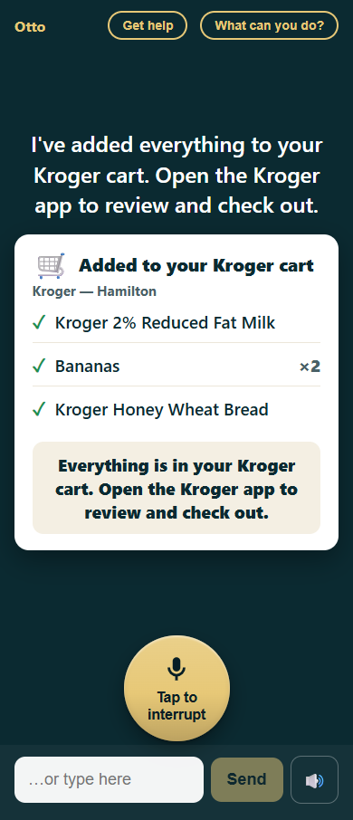 Confirmation that everything was added to the real Kroger cart, with a note to open the Kroger app to check out