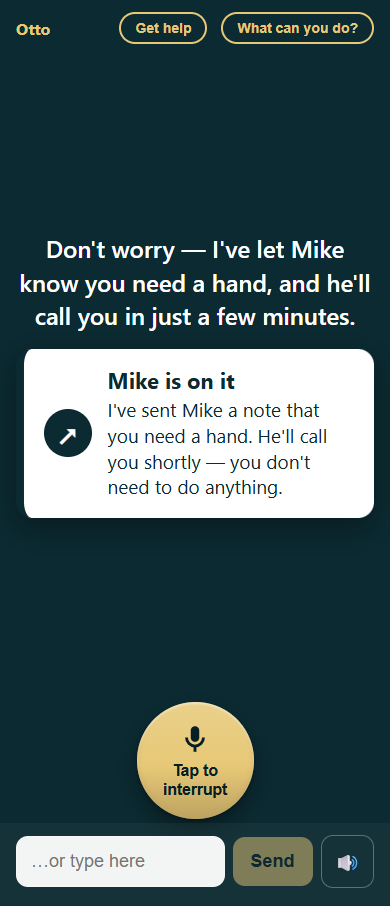 Confirmation card titled 'Mike is on it' reassuring Maureen that Mike has been notified and will call shortly