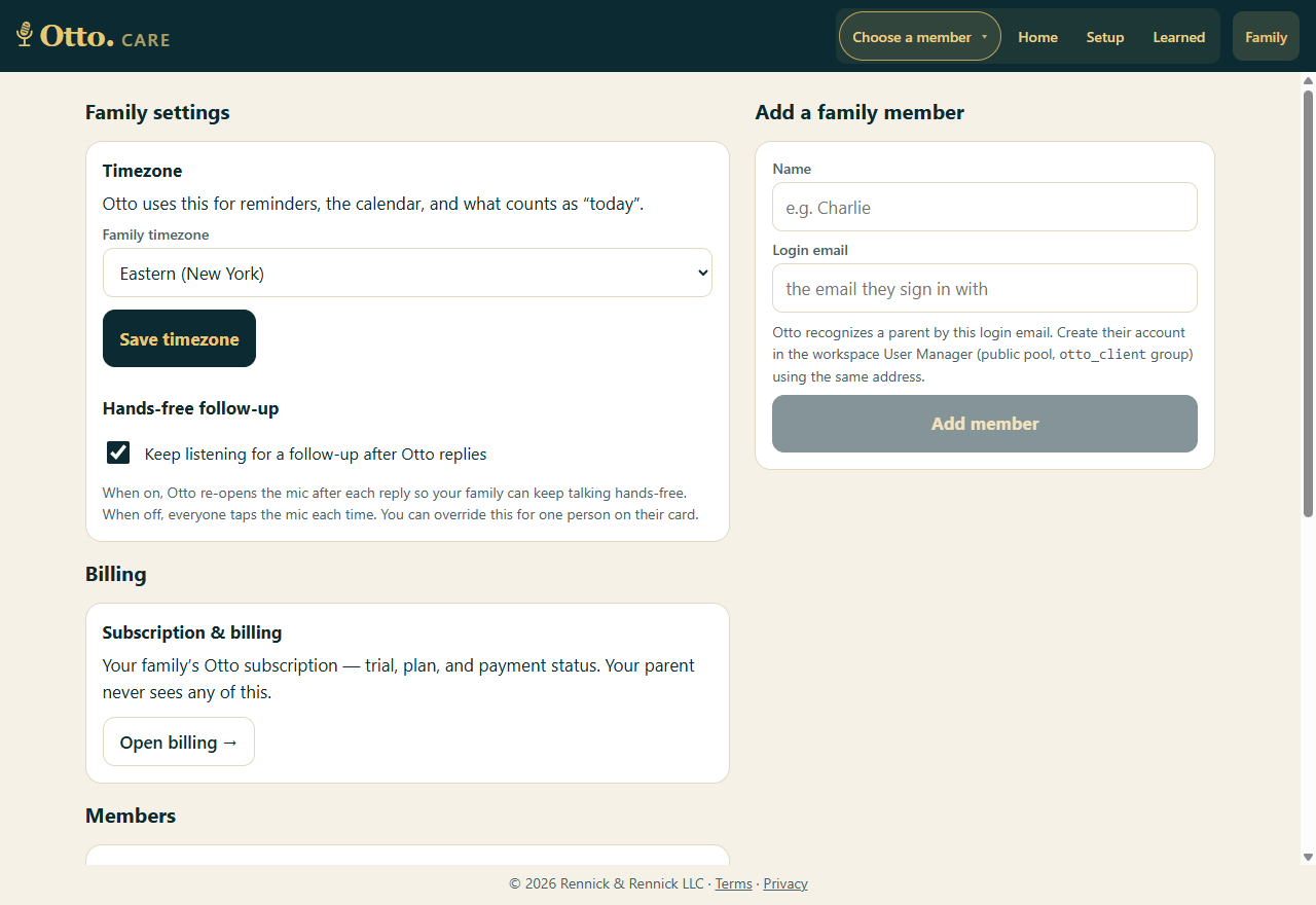 Otto.CARE family settings: time zone, hands-free follow-up toggle, billing, and add a family member