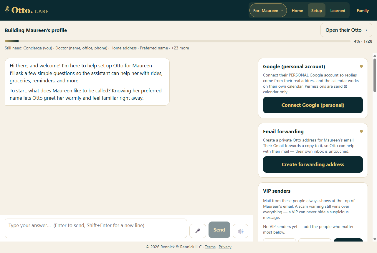 Otto.CARE setup for Maureen: interview assistant, completeness meter at 4%, and panels to connect Google, email forwarding, and VIP senders