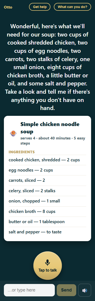 Recipe card for simple chicken noodle soup: serves 4, about 40 minutes, 5 easy steps, with the full ingredient list, after Maureen asked Otto to help her cook