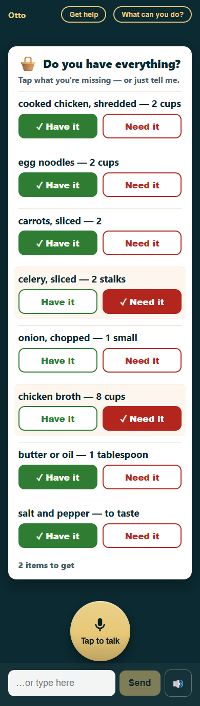 Do-you-have-everything checklist: chicken, noodles, carrots, butter, and salt marked Have it in green; celery and chicken broth marked Need it in red; onion not checked yet; footer reads 2 items to get