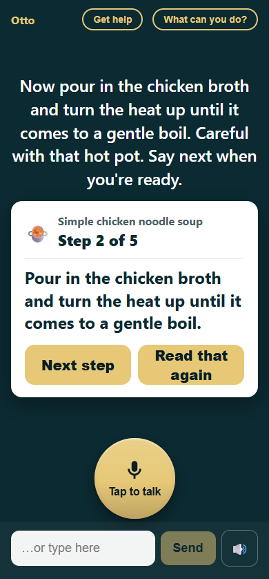 Cooking step card for simple chicken noodle soup, step 2 of 5 — pour in the chicken broth and bring to a gentle boil — with Next step and Read that again buttons