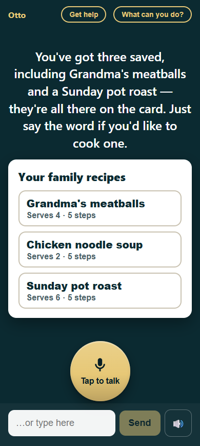 Your family recipes card listing Grandma's meatballs, chicken noodle soup, and Sunday pot roast, each with servings and step count