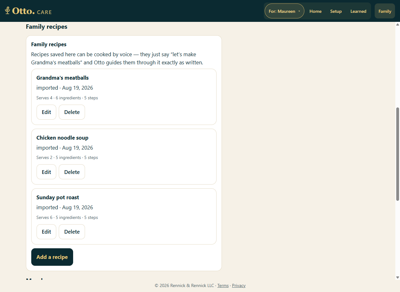 Otto.CARE Family recipes panel listing Grandma's meatballs, chicken noodle soup, and Sunday pot roast with Edit and Delete buttons and an Add a recipe button